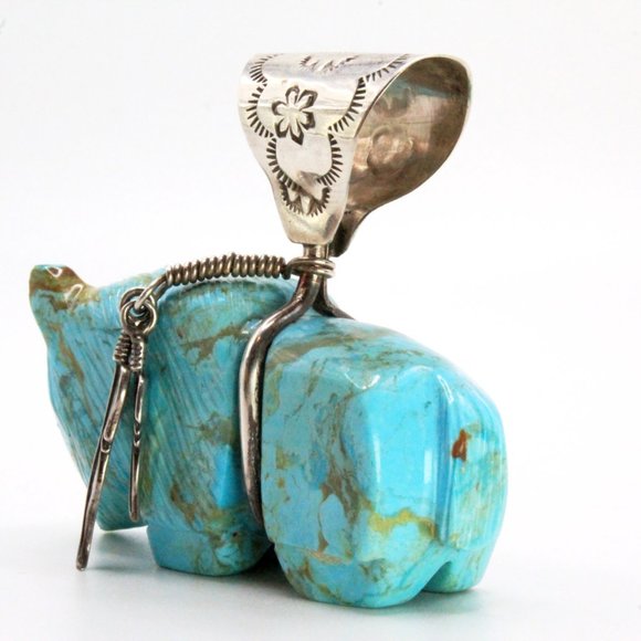 Vintage Zuni Buffalo Fetish Sculpted Turquoise 2" Large Sterling Silver Pendant - Picture 6 of 11